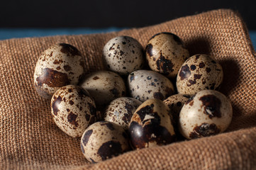 Quail eggs in bag in hay and an old tree branch. Old rustic wooden background. Happy easter