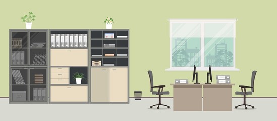 Office room in a green color. There are tables, gray chairs, cases for documents and other objects in the picture. Vector flat illustration.