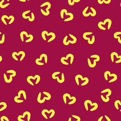 Torn silhouettes of the heart. Seamless pattern. Painted by hand with a rough brush. Grunge. Purple, yellow.