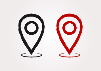 Map pointer. Silhouette sign location. Painted by hand with a rough brush. Isolated symbol. Black and red icons. - 142642890