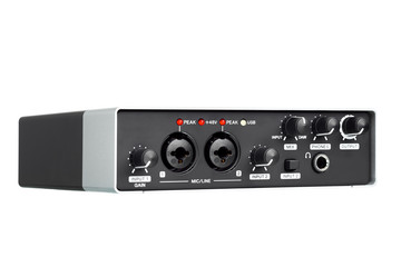 USB Audio interface for Home recording or Mixing, external sound card black and silver color.