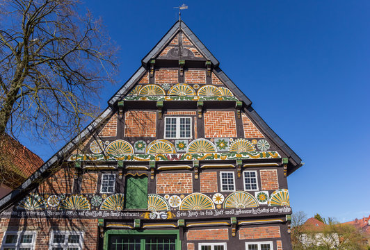 Decorated facade of a half timbered house in Verden