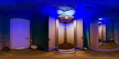 Equal photo projection of the panorama from the inside of the room with a solarium and a tanning...