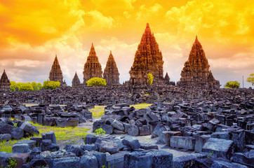 The ruins of Hindu temples Prambanan on Java island. Indonesia - obrazy, fototapety, plakaty