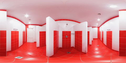Rectangular sweep of equidistant panorama inside the public shower room for men and women.