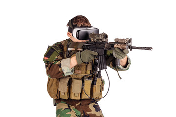 soldier wearing virtual reality glasses.