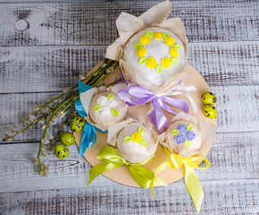 Easter cakes with bright decoration and painted eggs
