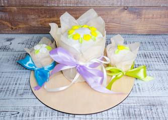Easter cakes with bright decoration and painted eggs