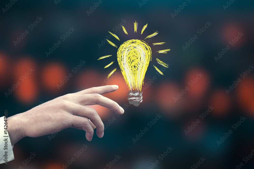 Poster businessman pressing button with idea on virtual screens
