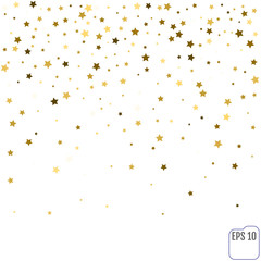Gold star confetti rain festive holiday background. Vector golden paper foil stars falling down isolated on transparent background.