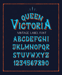 FONT QUEEN VICTORIA. Hand crafted old retro vintage typeface design. Original handmade textured lettering type alphabet on navy background. Authentic handwritten font, vector letters and numbers.