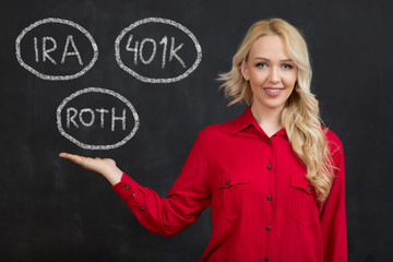 Beautiful business woman with chalk on a chalkboard with word retirement, ira, 401K, roth .Understanding your retirement
