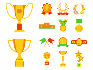 Vector trophy champion cup flat icon winner gold award and victory prize sport success best win golden leadership competition illustration.