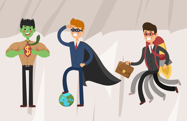 Superhero business man vector illustration set character success cartoon power concept businessman strong person silhouette leader team isolated