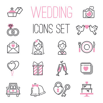 Outline wedding day black and pink marriage icons set of icons for engagement get married love and romantic event bride groom heart vector illustration.