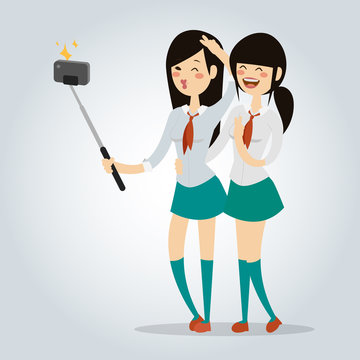 Selfie school girl isolated vector illustration character photo lifestyle flat camera smartphone person picture young smile photography modern