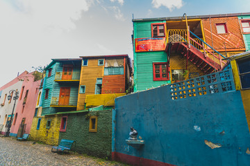 Traditional colorful houses on Caminito street in La Boca neighborhood, Buenos Aires. Stylized for...