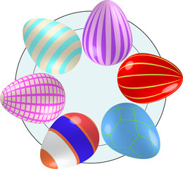 Пасхальные яйца разных цветов и узоров. 
