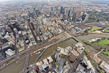 Aerial view over Southbank and Melbourne CBD under overcast skies (Victoria, Australia)