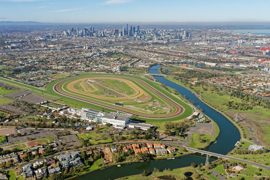 Aerial view of Flemington Racecourse with Melbourne CBD in background (Victoria, Australia)