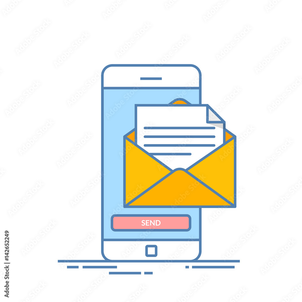 Poster message send on mobile phone. email marketing. thin line vector illustration in flat style isolated 