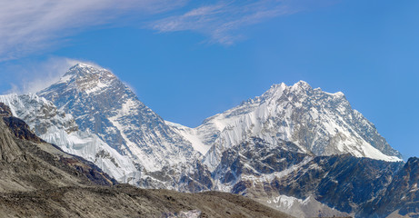 View of Mount Everest (8848 m) and Lhotse (8516 m) from the fifth lake (Ngozumba Tsho) - Gokyo...