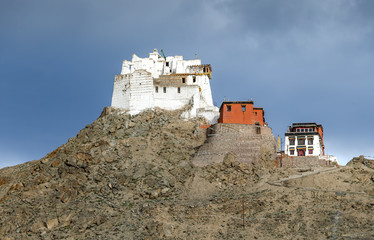 Namgyal Tsemo Gompa (Castle at Tsemo) against the background of cloudy sky - Tibet, Leh district,...