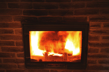 Burning fireplace, closeup