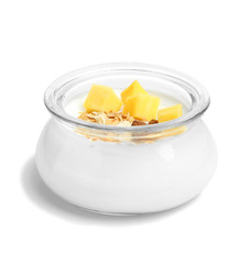 Delicious dessert with mango in jar on white background