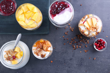 Delicious different desserts on table