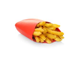 Paper red box full of delicious french fries on white background