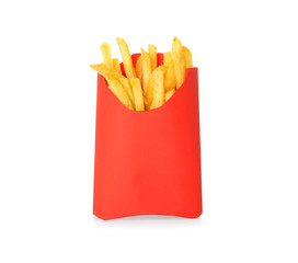 Paper red box full of delicious french fries on white background