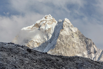 Morning view the peaks Kantega (6783 m) and Thamserku (6608 m) from Tengboche monastery - Nepal,...