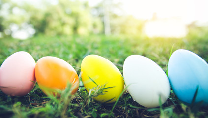 Easter eggs on green grass. Spring holidays concept