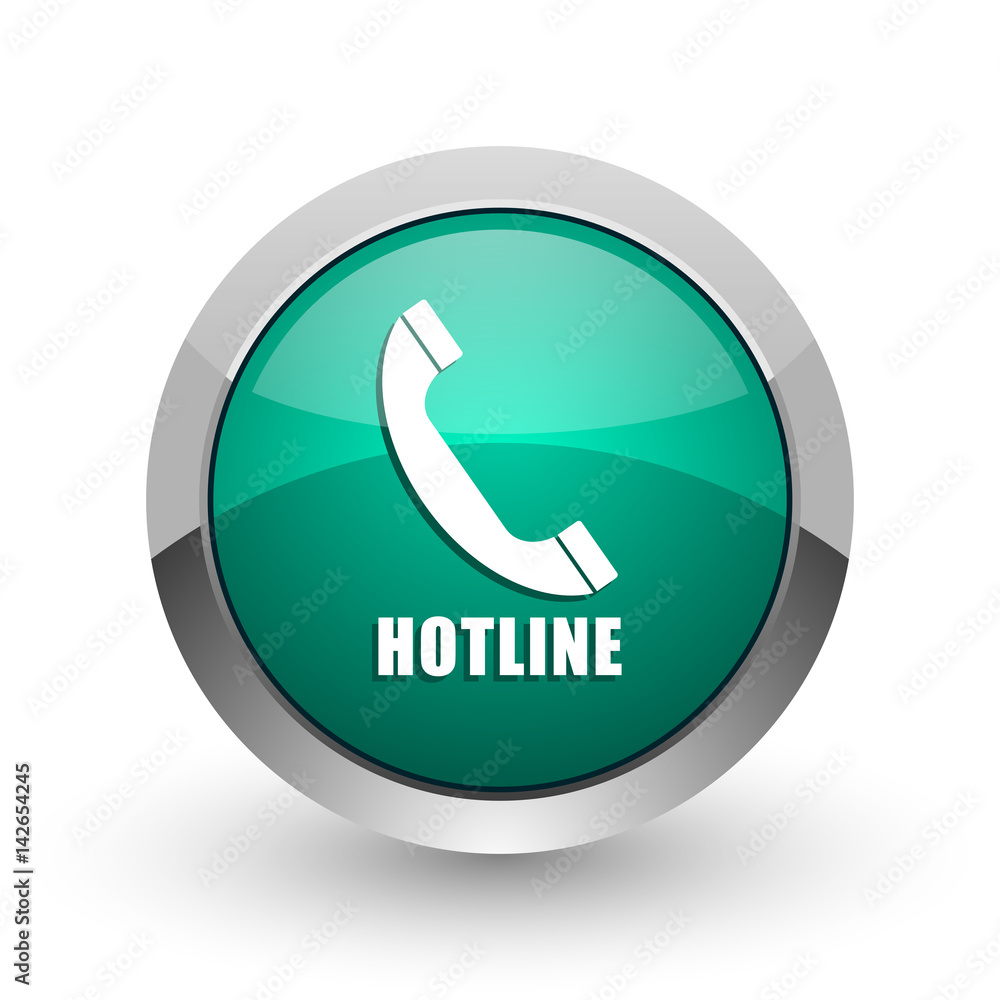 Poster hotline silver metallic chrome web design green round internet icon with shadow on white background.