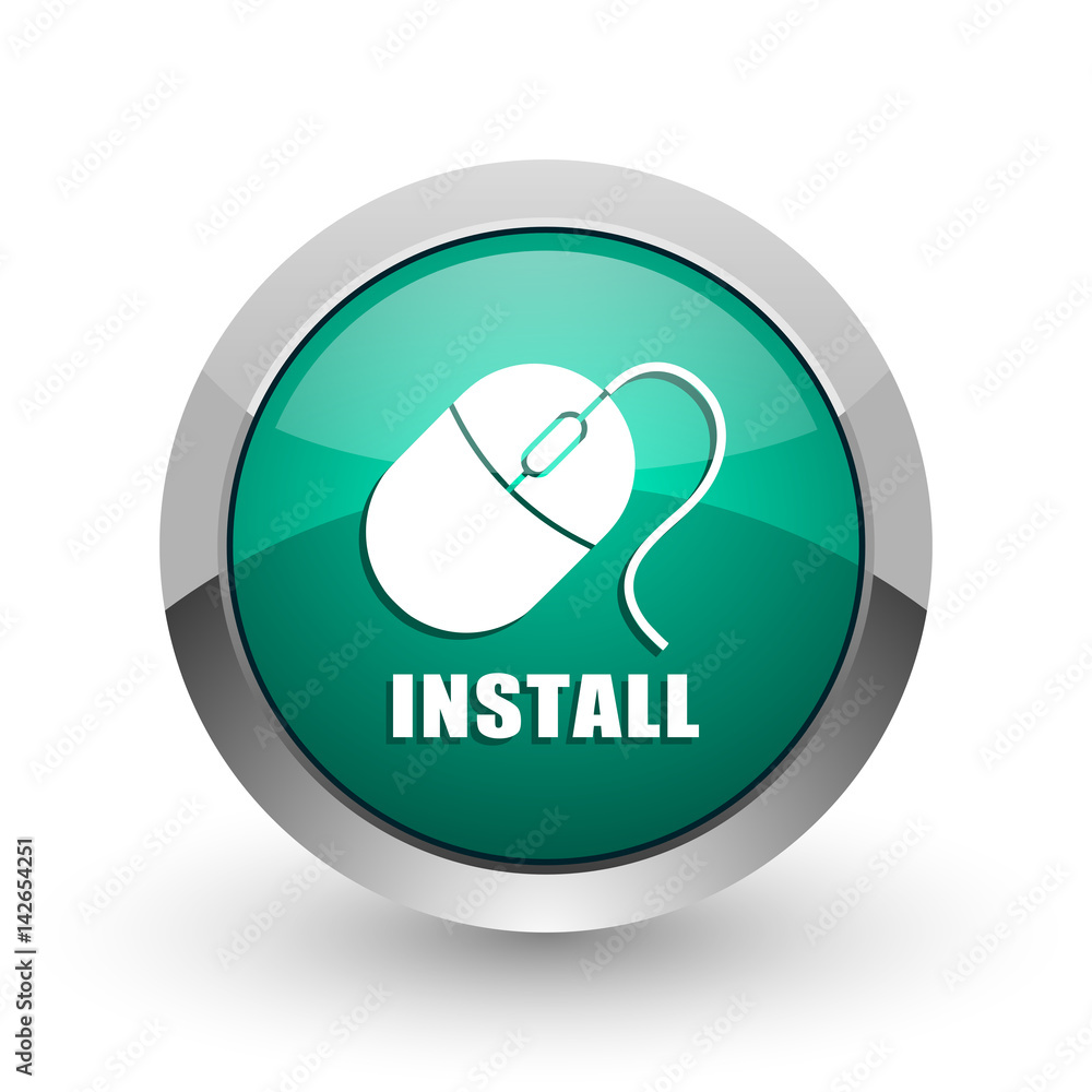 Poster Install silver metallic chrome web design green round internet icon with shadow on white background.