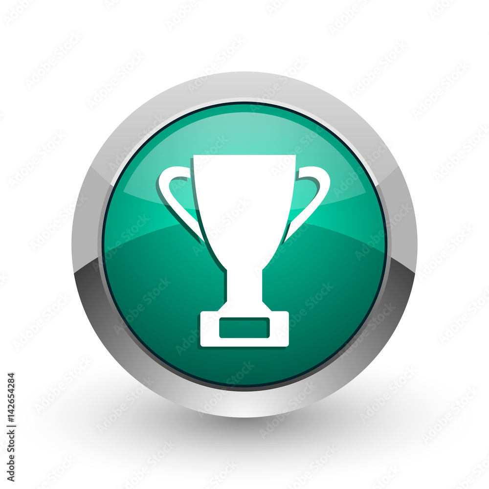 Poster cup silver metallic chrome web design green round internet icon with shadow on white background.