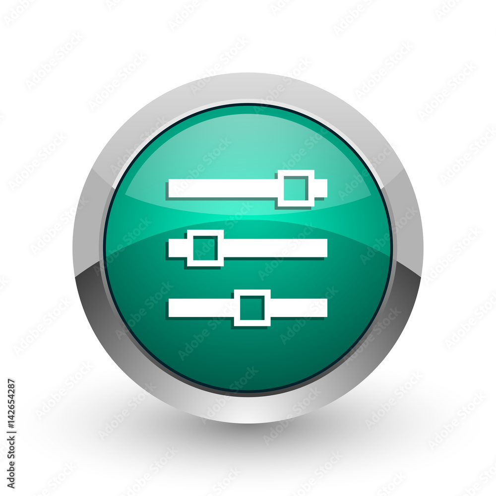 Poster slider silver metallic chrome web design green round internet icon with shadow on white background.