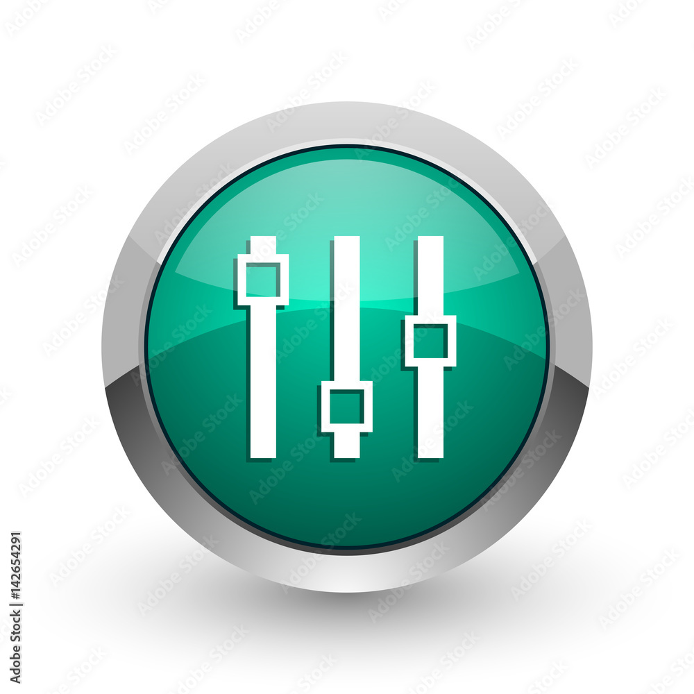 Poster slider silver metallic chrome web design green round internet icon with shadow on white background.