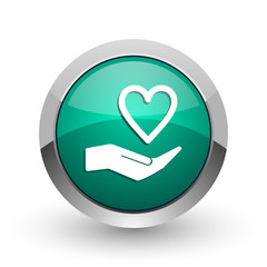 Care love silver metallic chrome web design green round internet icon with shadow on white background.