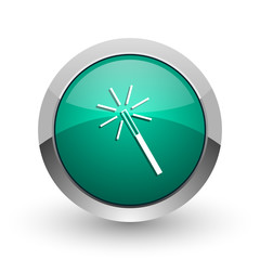 Magic wand silver metallic chrome web design green round internet icon with shadow on white background.