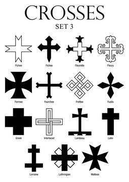 Set of crosses with names on white background. Size A4 - Vector image