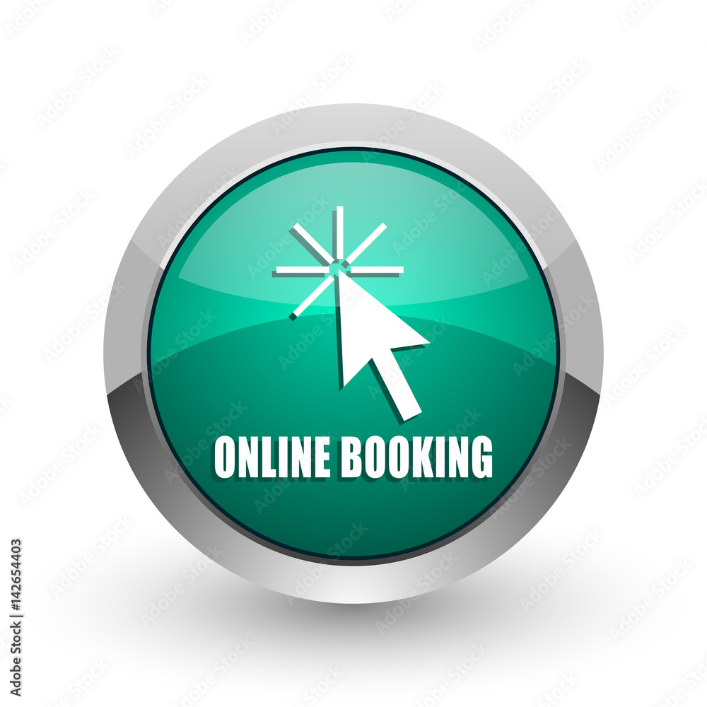 Poster online booking silver metallic chrome web design green round internet icon with shadow on white back