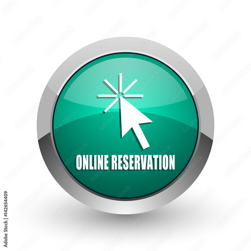 Poster online reservation silver metallic chrome web design green round internet icon with shadow on white 