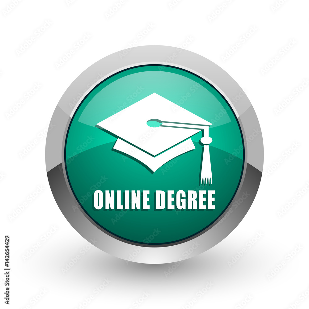 Aufkleber Online degree silver metallic chrome web design green round internet icon with shadow on white background.