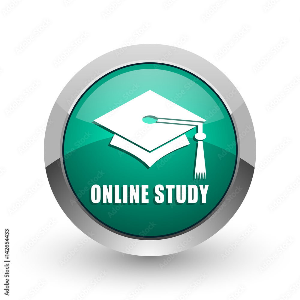 Aufkleber online, study silver metallic chrome web design green round internet icon with shadow on white backg