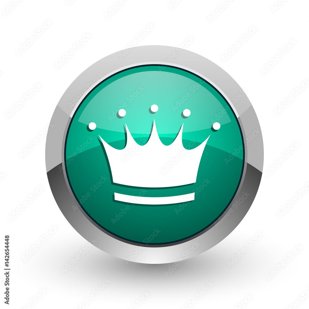 Aufkleber crown silver metallic chrome web design green round internet icon with shadow on white background.