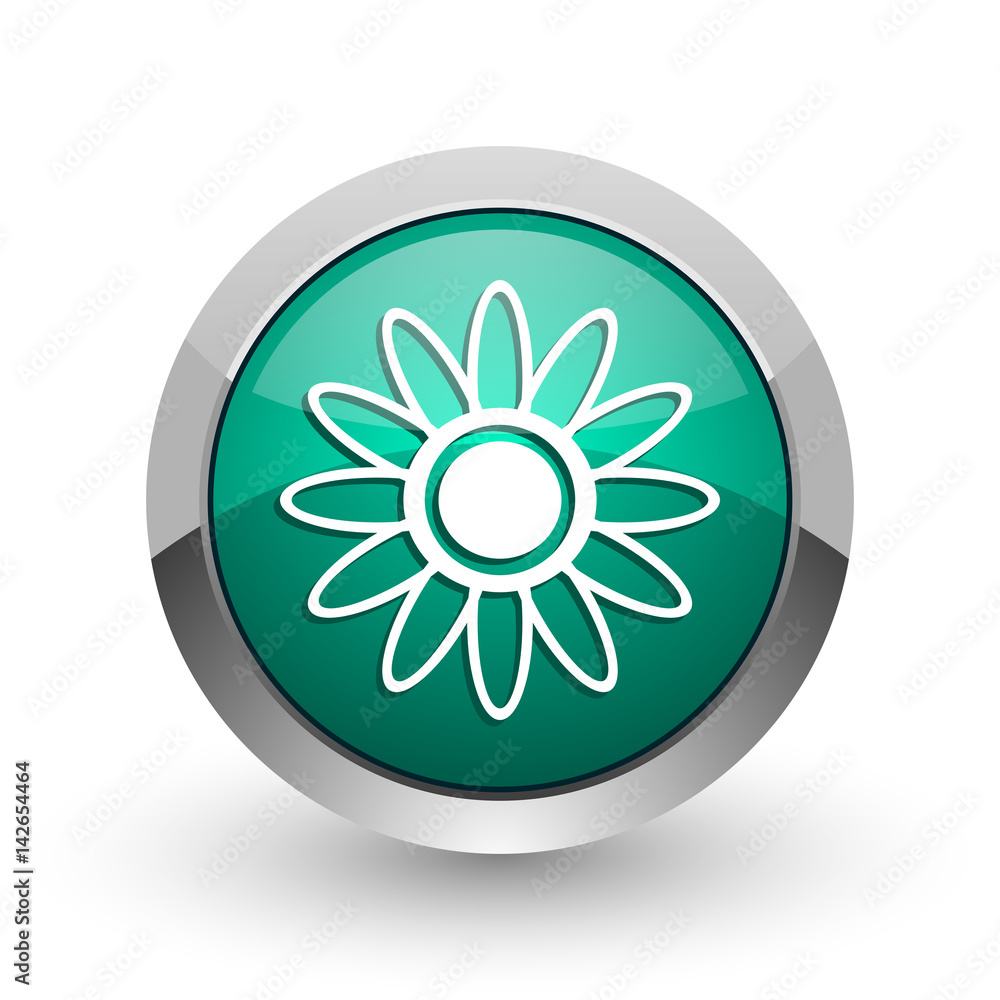 Poster flower silver metallic chrome web design green round internet icon with shadow on white background.