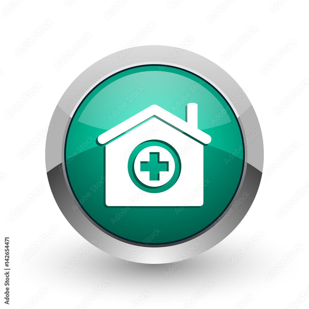 Poster hospital silver metallic chrome web design green round internet icon with shadow on white background