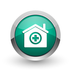 Hospital silver metallic chrome web design green round internet icon with shadow on white background.